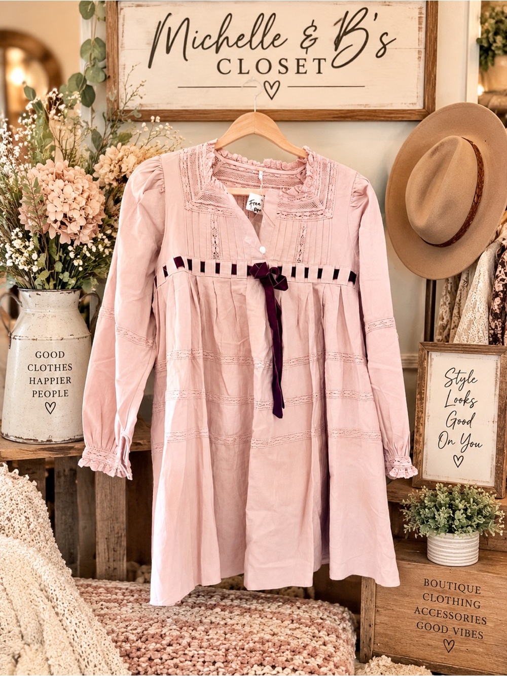 Free People Light Pink Long-Sleeve Lace-Trim Dress with Velvet Ribbon